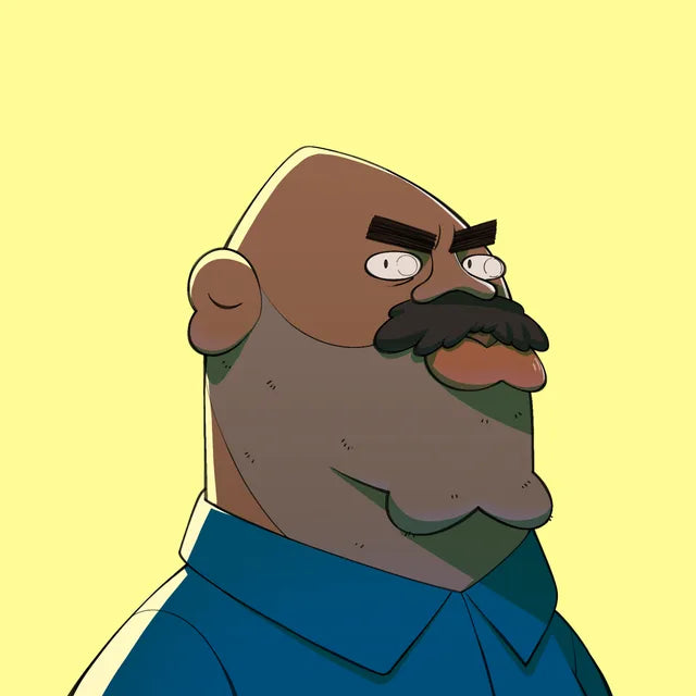 Mr Jonathan bald with a thick moustache, in a blue shirt