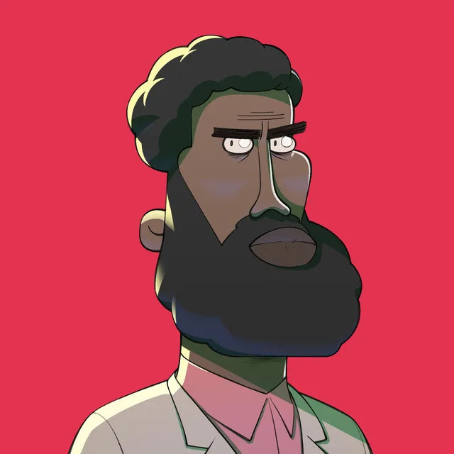Mr Macojae with a full black beard and a pink shirt under a grey jacket