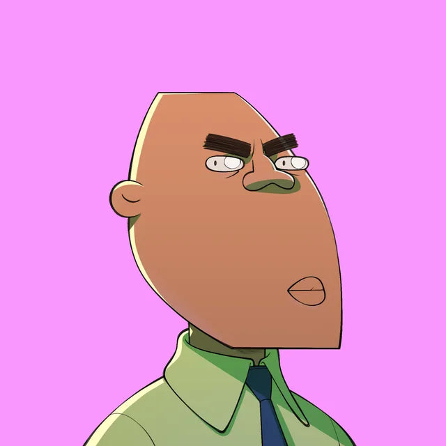 Mr Tope with a tall, egg-shaped head, green shirt and navy tie