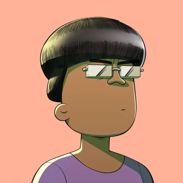 Mrs Osayande with a bowl haircut and rectangular glasses, in a purple top