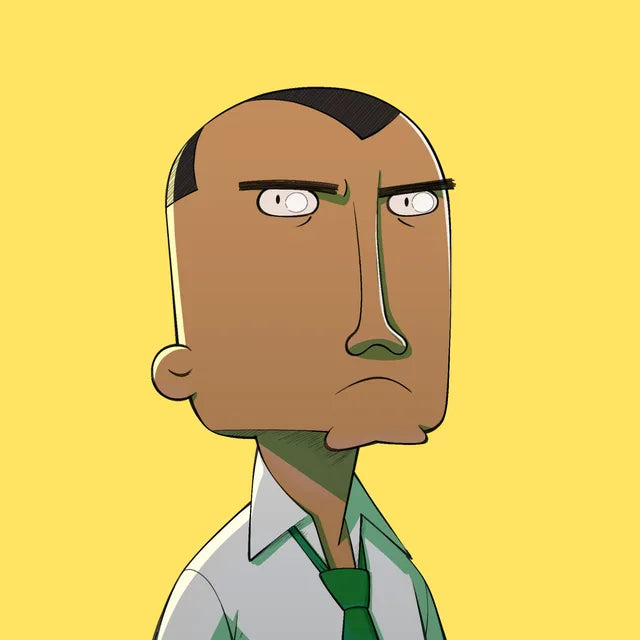 Senior Festus with a frown and a receding hairline, in a white shirt and green tie