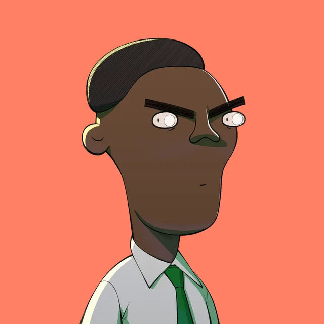 Senior Gift glaring, in a white shirt and green tie