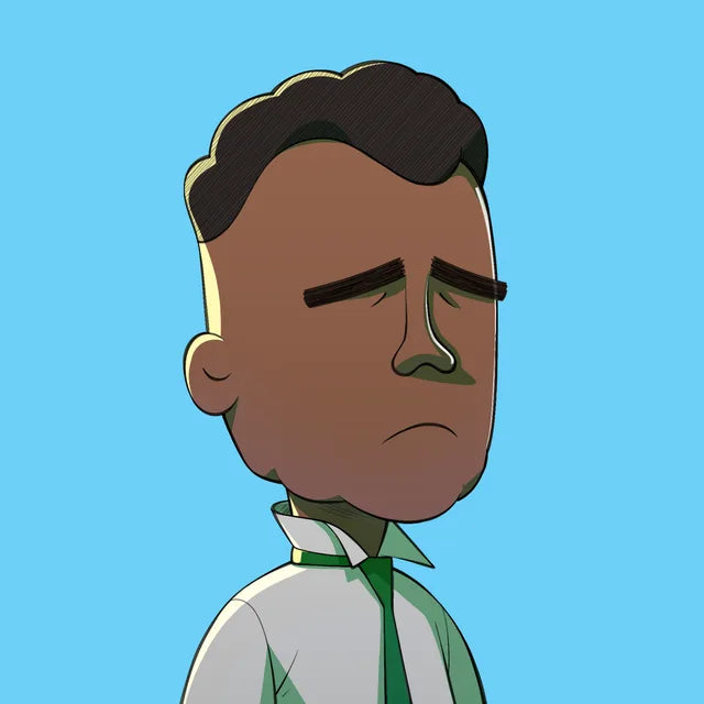 Senior Godfather looking sad with eyes closed, in a white shirt and green tie