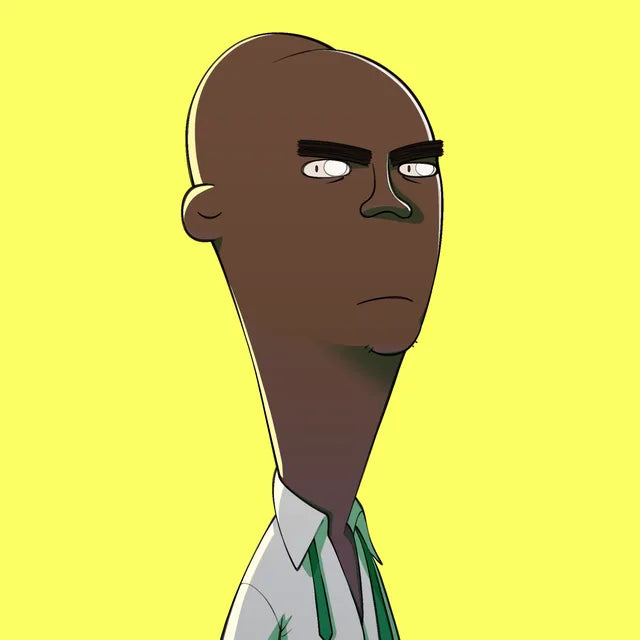 Senior Tega with a very long neck and a hard stare, in a white shirt and green tie