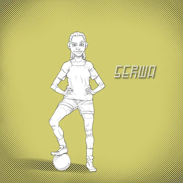 Serwa in a white football kit, hands on hips with one foot on the ball
