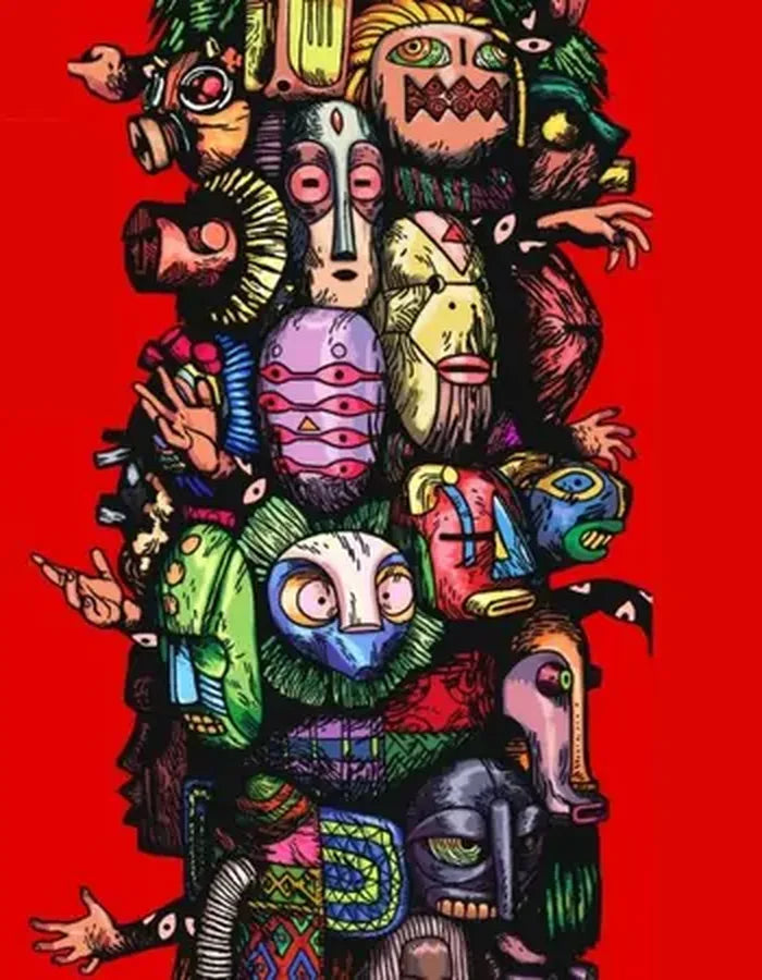 Illustrated totem of stacked masks, faces and hands on a red background