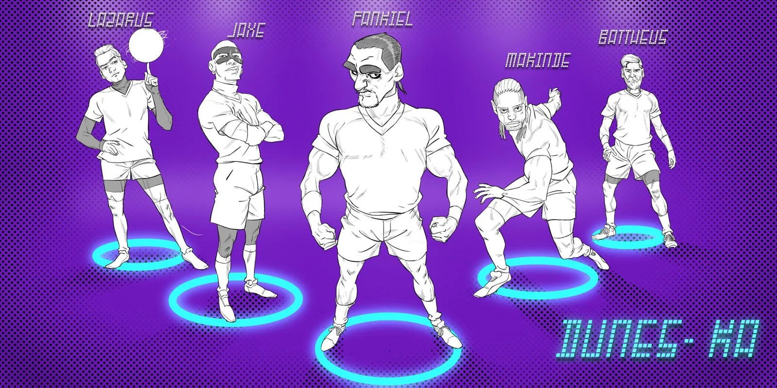Field of Champions by TAG Comics: five football players in white kits stand on glowing cyan rings against a purple halftone background