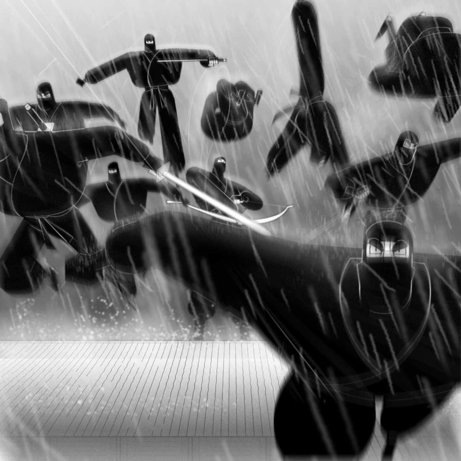 Legend of Actor and Bozze by TAG Comics: black-and-white illustration of masked ninjas leaping and striking through heavy rain