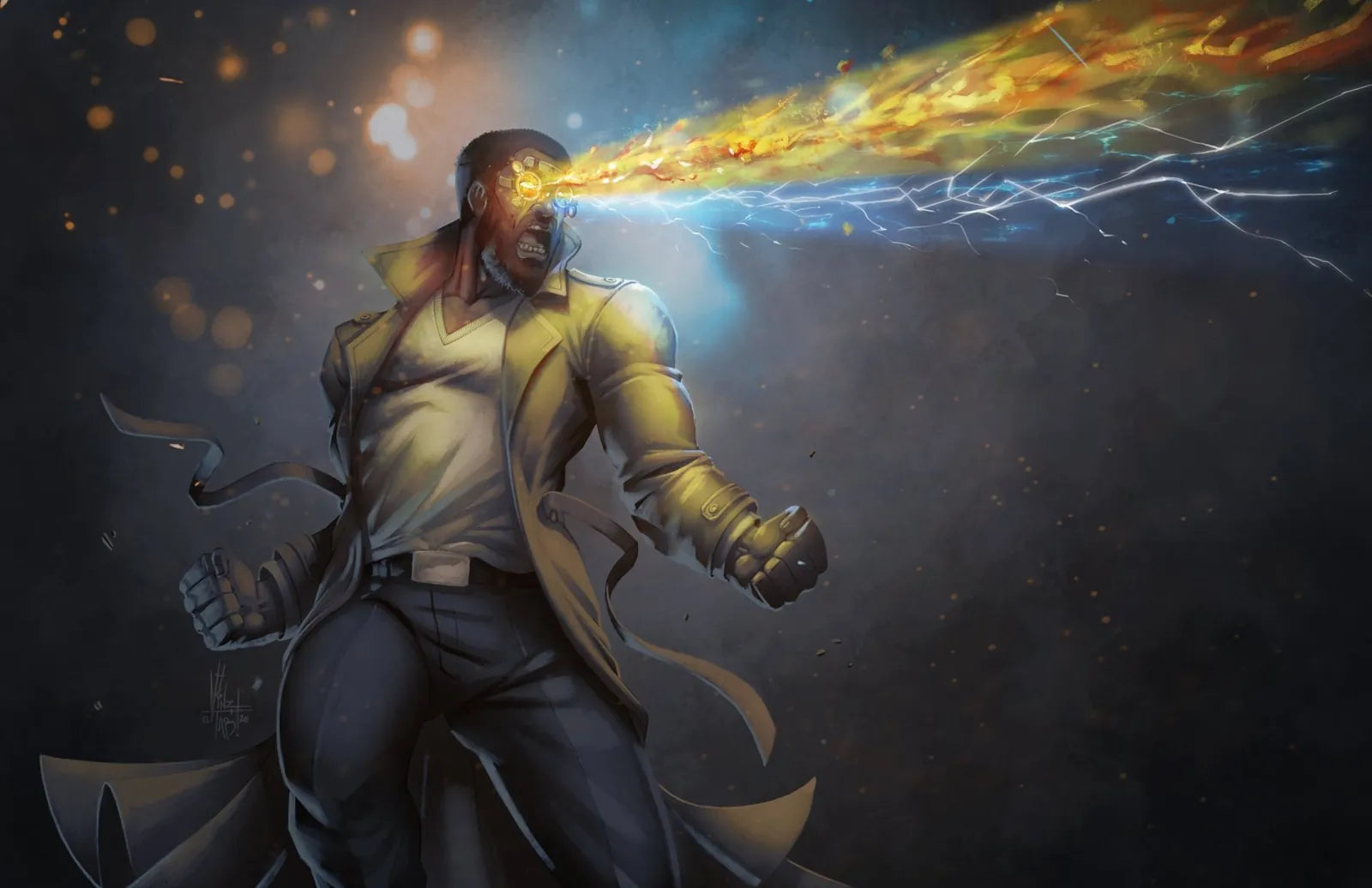 The Dreamer by TAG Comics: bearded man in a long coat roars as a beam of fire and lightning blasts from his eyepiece